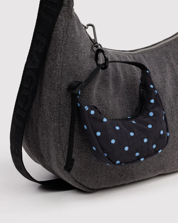 Crescent Bag Charm - Black And Sky Blue Micro Dot