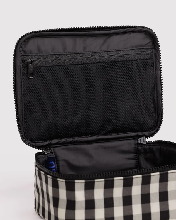 Small Cosmetic Case - Black And Cream Gingham - Material: heavyweight-nylon
